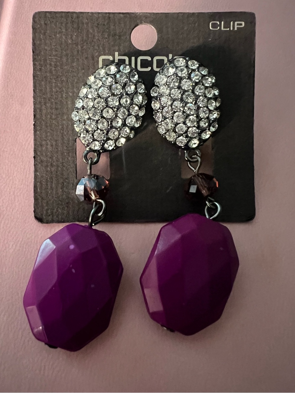 Chico's Purple Faceted Drop Clip-On Earrings with Crystal Tops